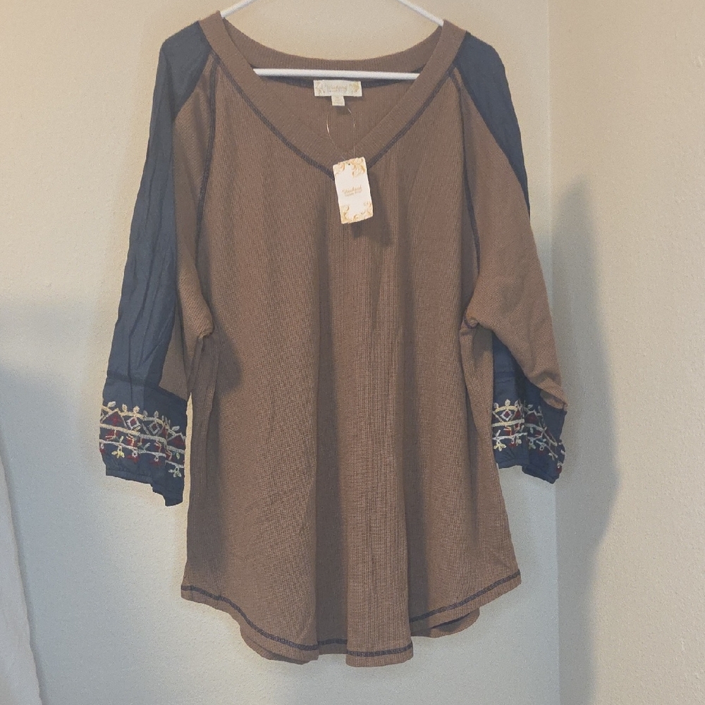 Susan Bristol Tan and Navy Embroidered V Neck Tunic